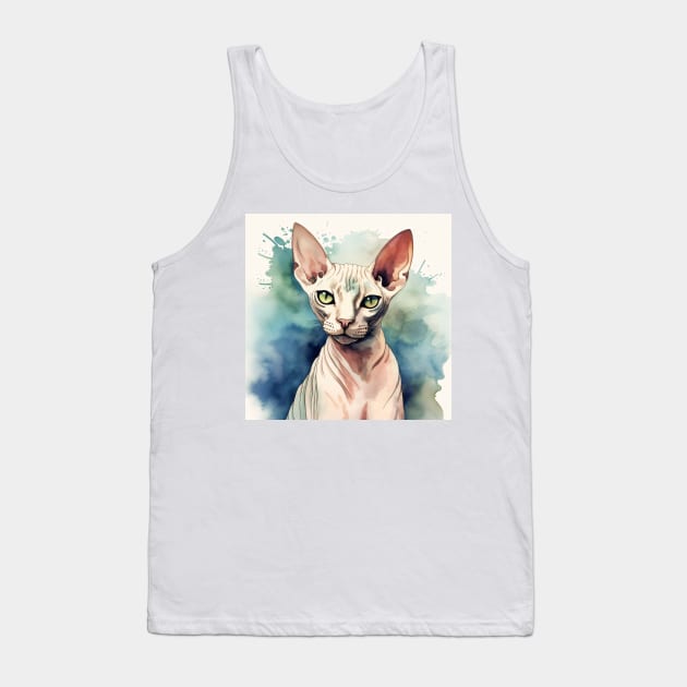 Watercolor Sphynx Cat Design on Cool Blues and Greens Tank Top by designs4days